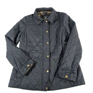 LL Bean Navy Blue Quilted Riding Jacket Plaid Lined Womens Medium Regular 284359